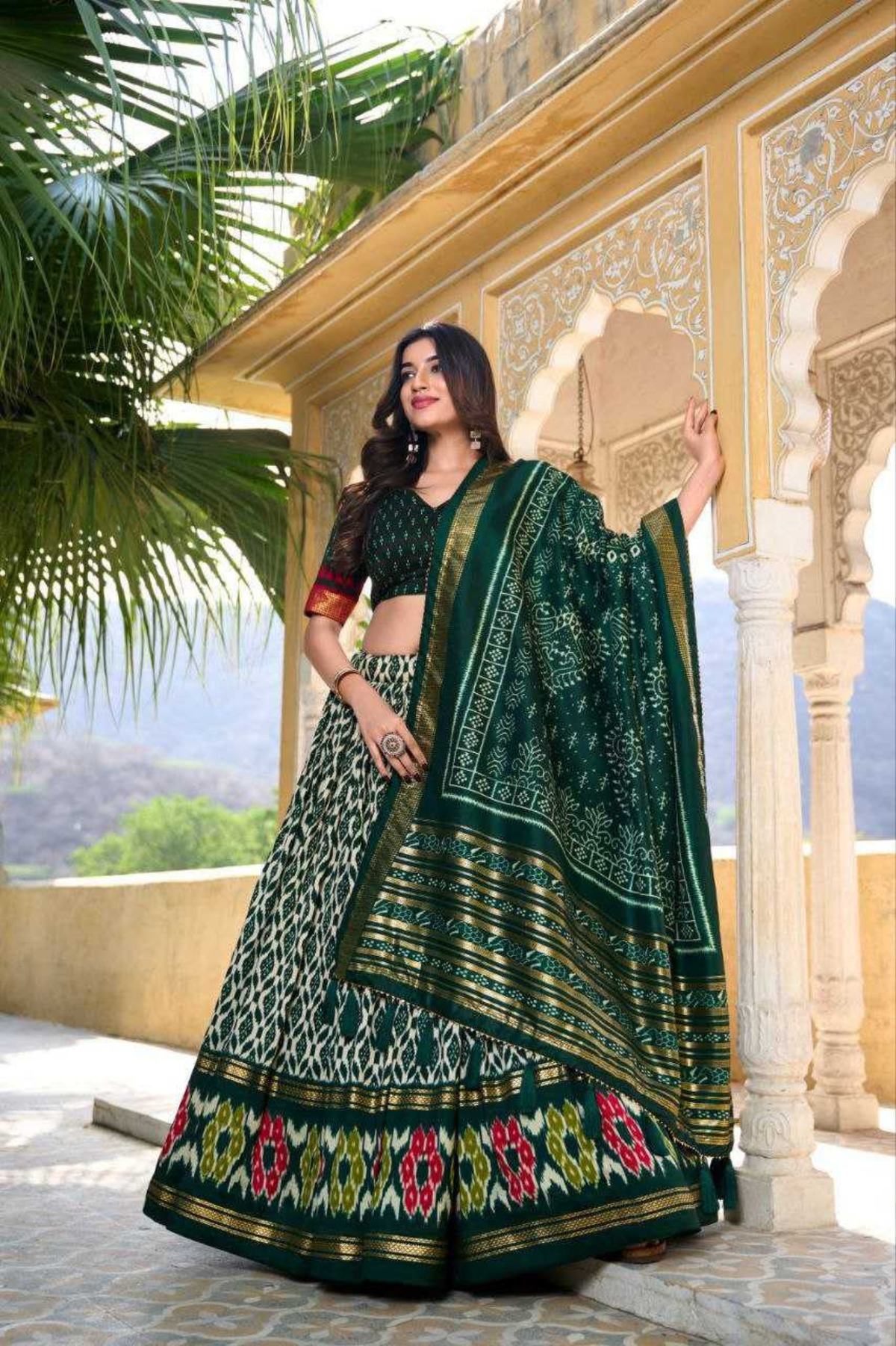 Green White Patola Tussar Silk Foil Work Lehenga Set