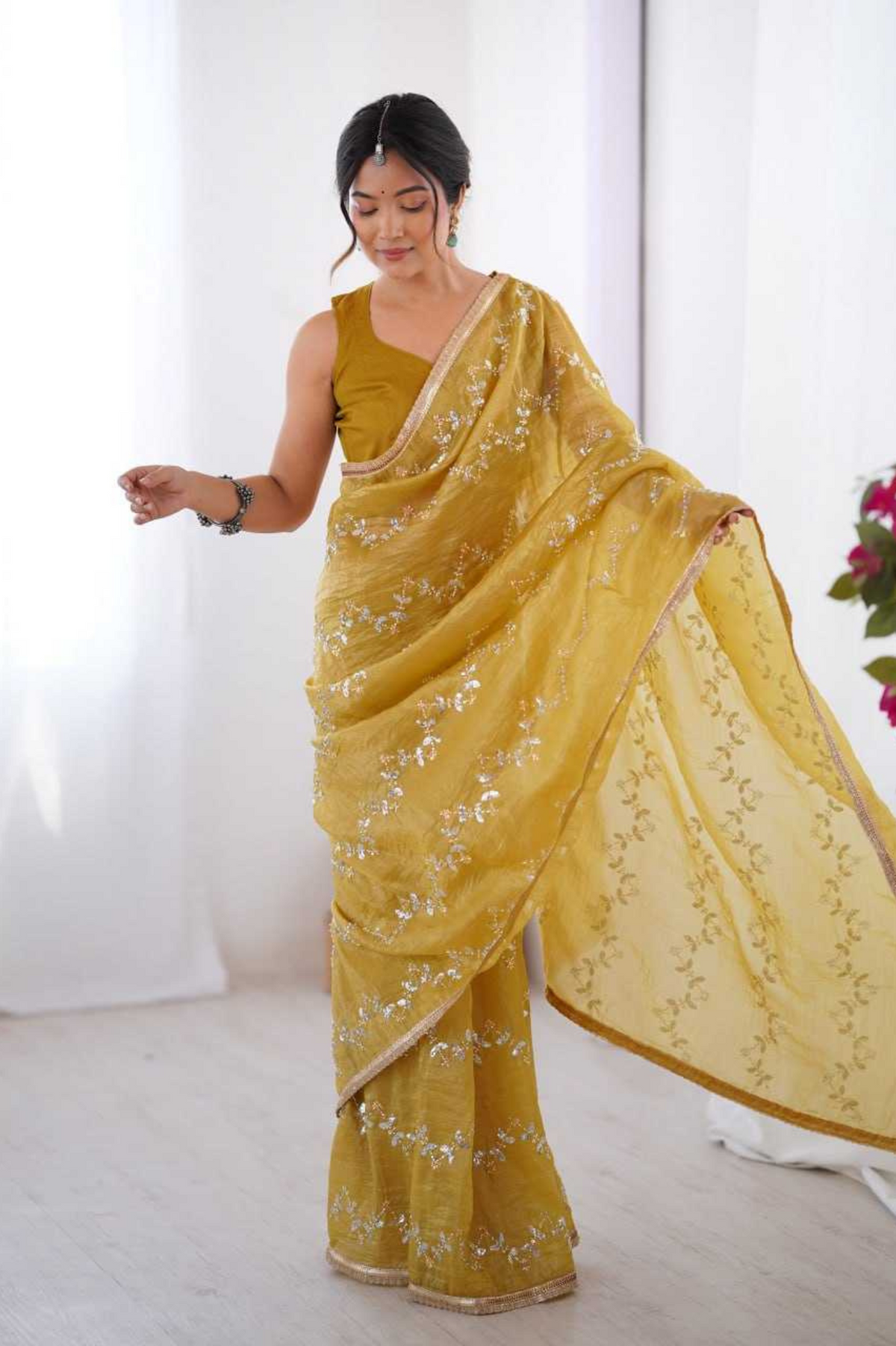 Yellow Glam Crush Saree with Moti & ZigZag Sequin Embroidery