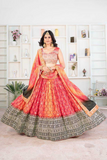 Chinon Silk Ombre Orange & Red Embroidered Lehenga Choli with Dupatta