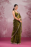 Premium Olive Green Silk Saree with Real Mirror & Glitter Dori Work