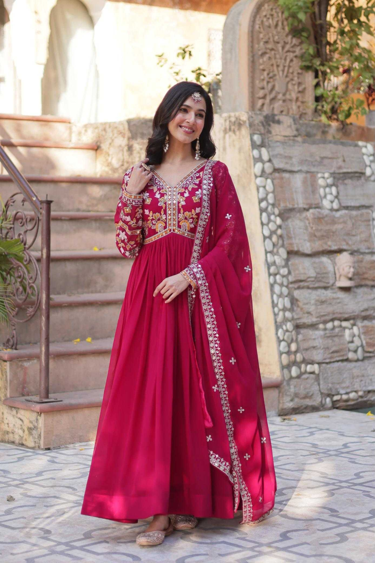 Red Faux Blooming Embroidered Zari Sequins Gown with Dupatta