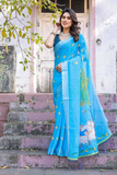 Sky Blue Pure Linen Saree with Silver Border & Tassels