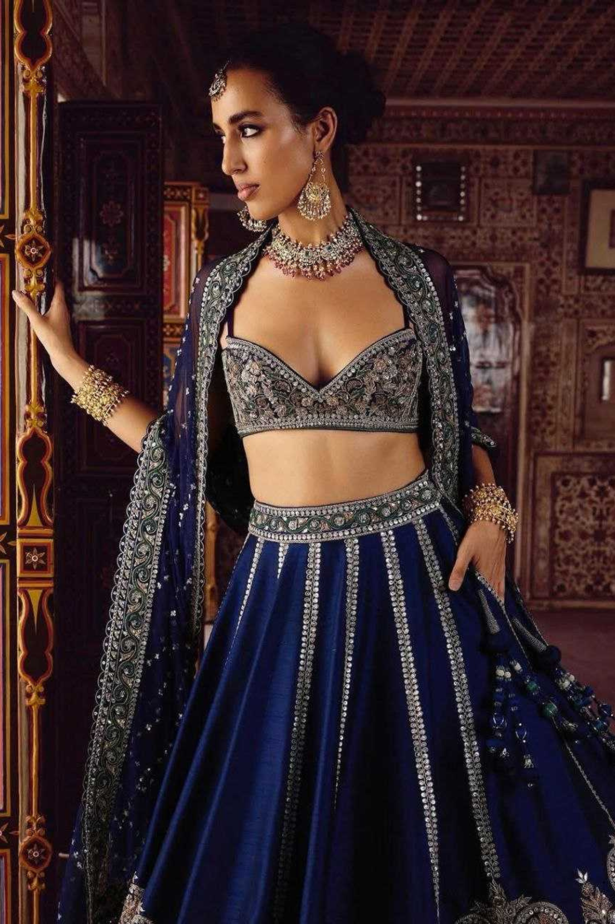 Royal Midnight Slub Silk Sequins & Thread Embroidered Bridal Lehenga Set