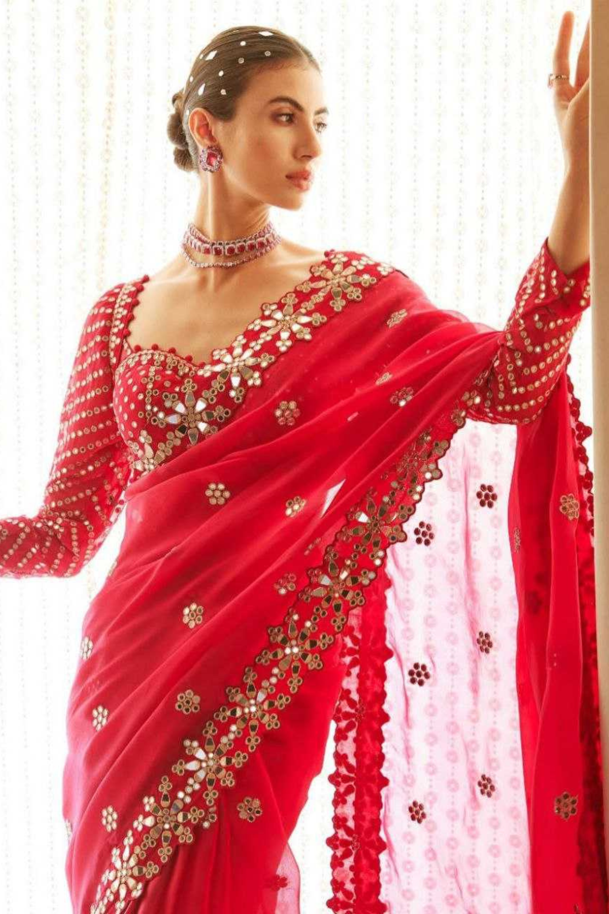 Red Faux Georgette Saree with Heavy Sequin Embroidery and Mirror Lace Border