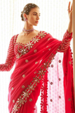 Red Faux Georgette Saree with Heavy Sequin Embroidery and Mirror Lace Border