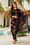 Black Floral Silk Blend Suit with Organza Dupatta
