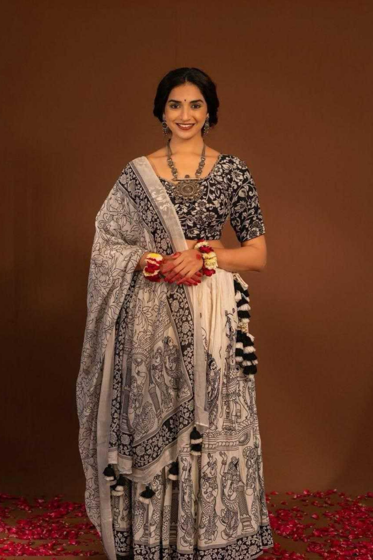 Pure Tussar Silk Black & White Printed Chaniya Choli with Dupatta