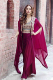 Elegant Maroon Indo-Western Drape Set with Embroidered Blouse