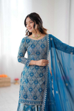 Teal Blue Faux Georgette Embroidered Sharara Set with Dupatta