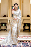 White Kanjivaram Banarasi Silk Saree with Rich Zari Weaving & Jacquard Blouse