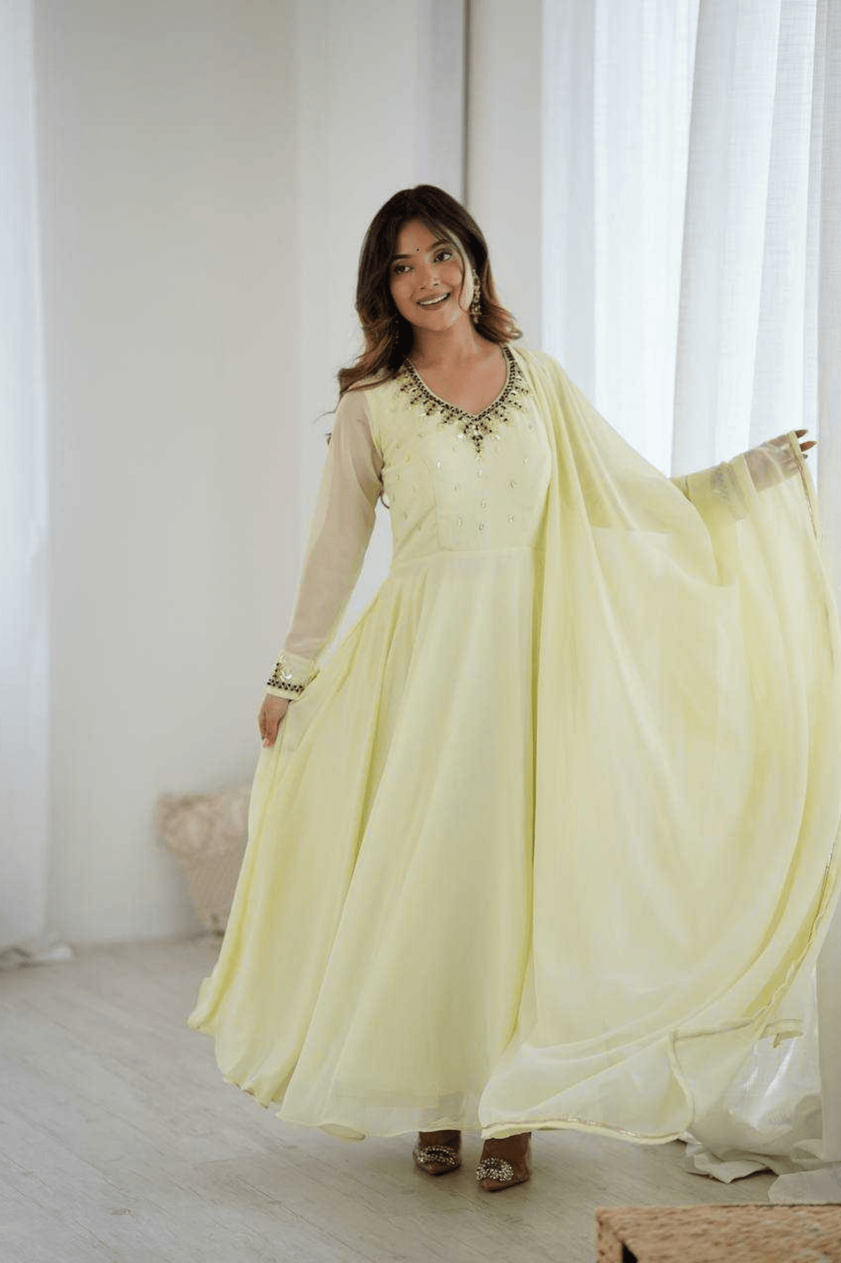 Elegant Lemon Yellow Fox Georgette Handwork Anarkali Suit Set - kavyo.in