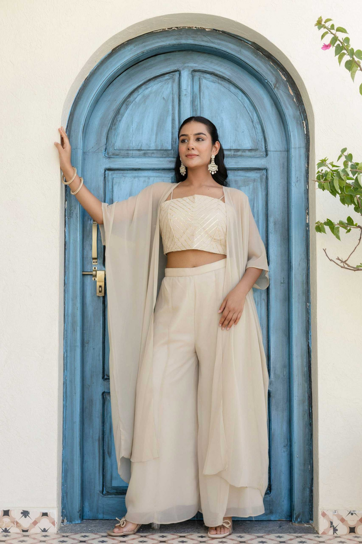 Elegant Beige Georgette Indo-Western Set with Palazzo & Shrug