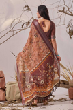 Brown Linen Cotton Saree with Digital Floral Prints