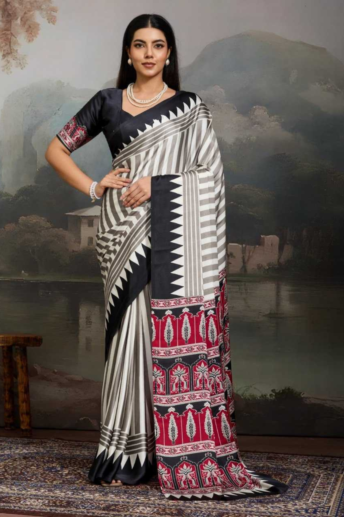Black Ajrakh Noir Pure Modal Satin Printed Saree