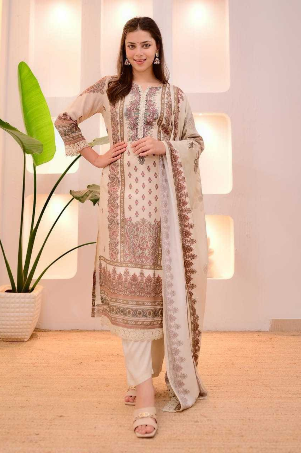 Zahra Serenity Soft Muslin Printed Suit Set with Lace Detailing