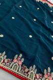Navy Blue Soft Star Georgette Embroidered Saree with Contrast Banglory Silk Blouse