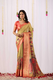 Warli Olive Soft Lichi Silk Tribal Art Print Saree