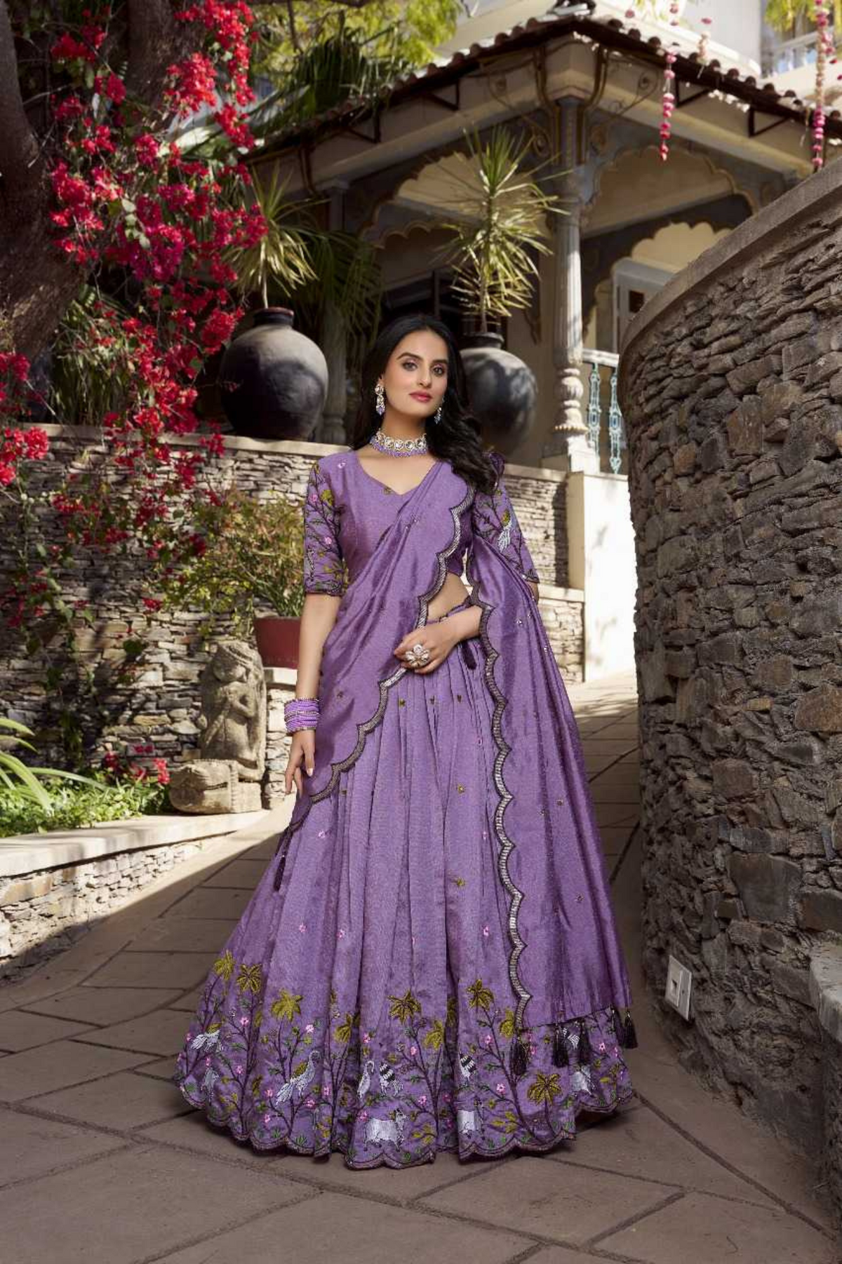 Lavender Dream Vichitra Simmer Embroidered Lehenga Set
