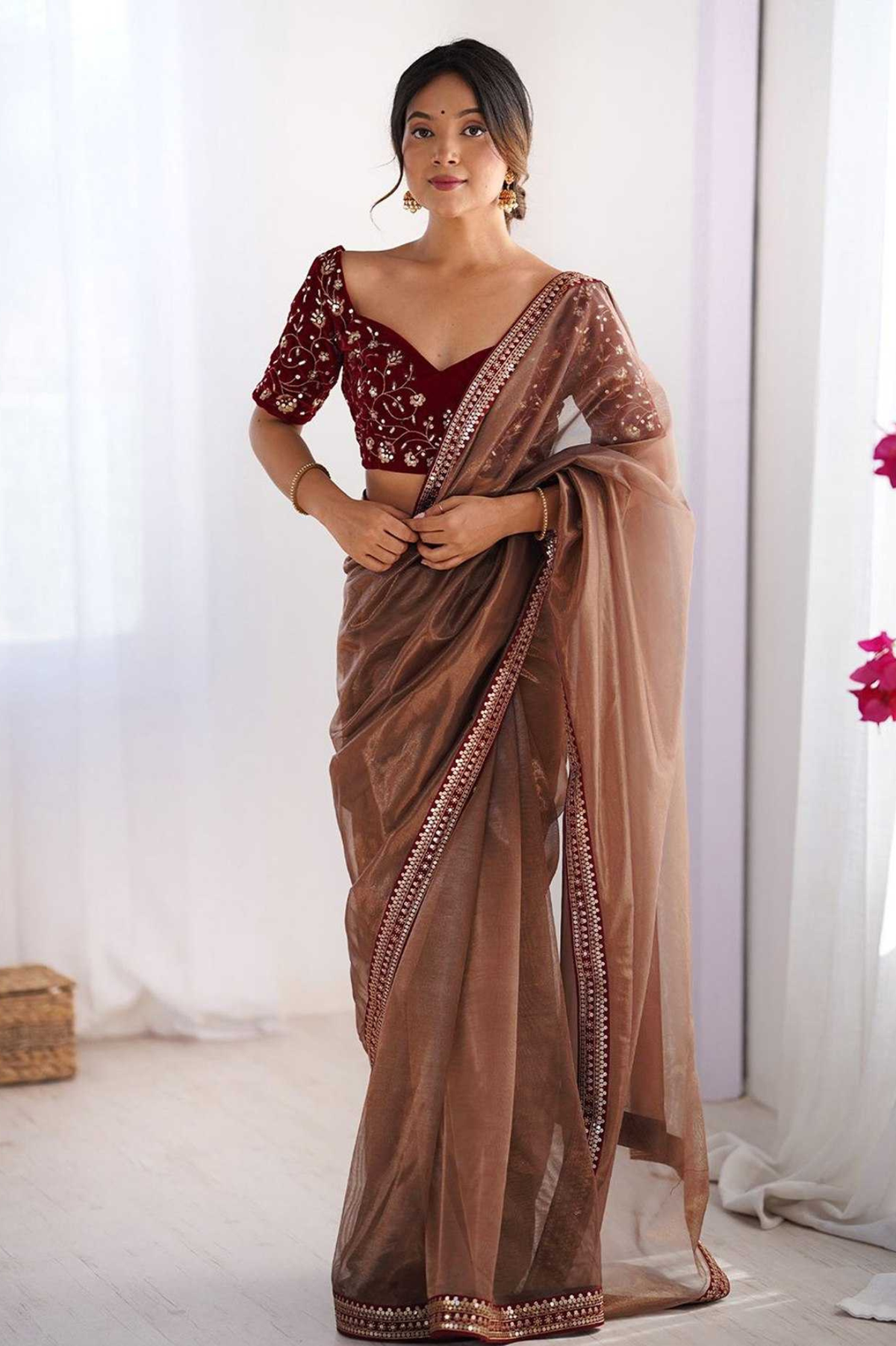 Brown Luxe Net Party Wear Saree Set