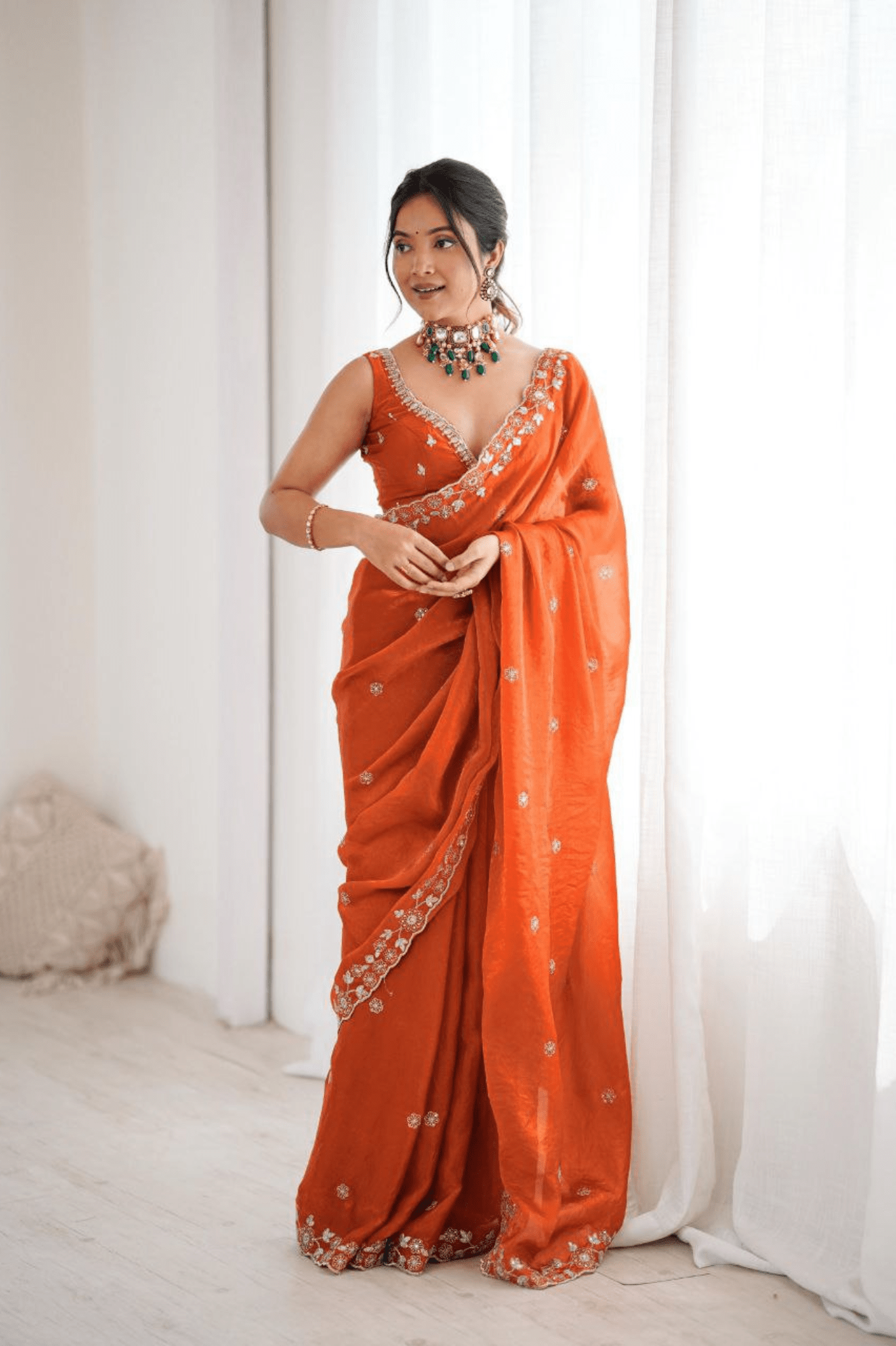 Rust Orange Heavy Fendy Silk Designer Saree with Thread & Sequin Embroidery - kavyo.in