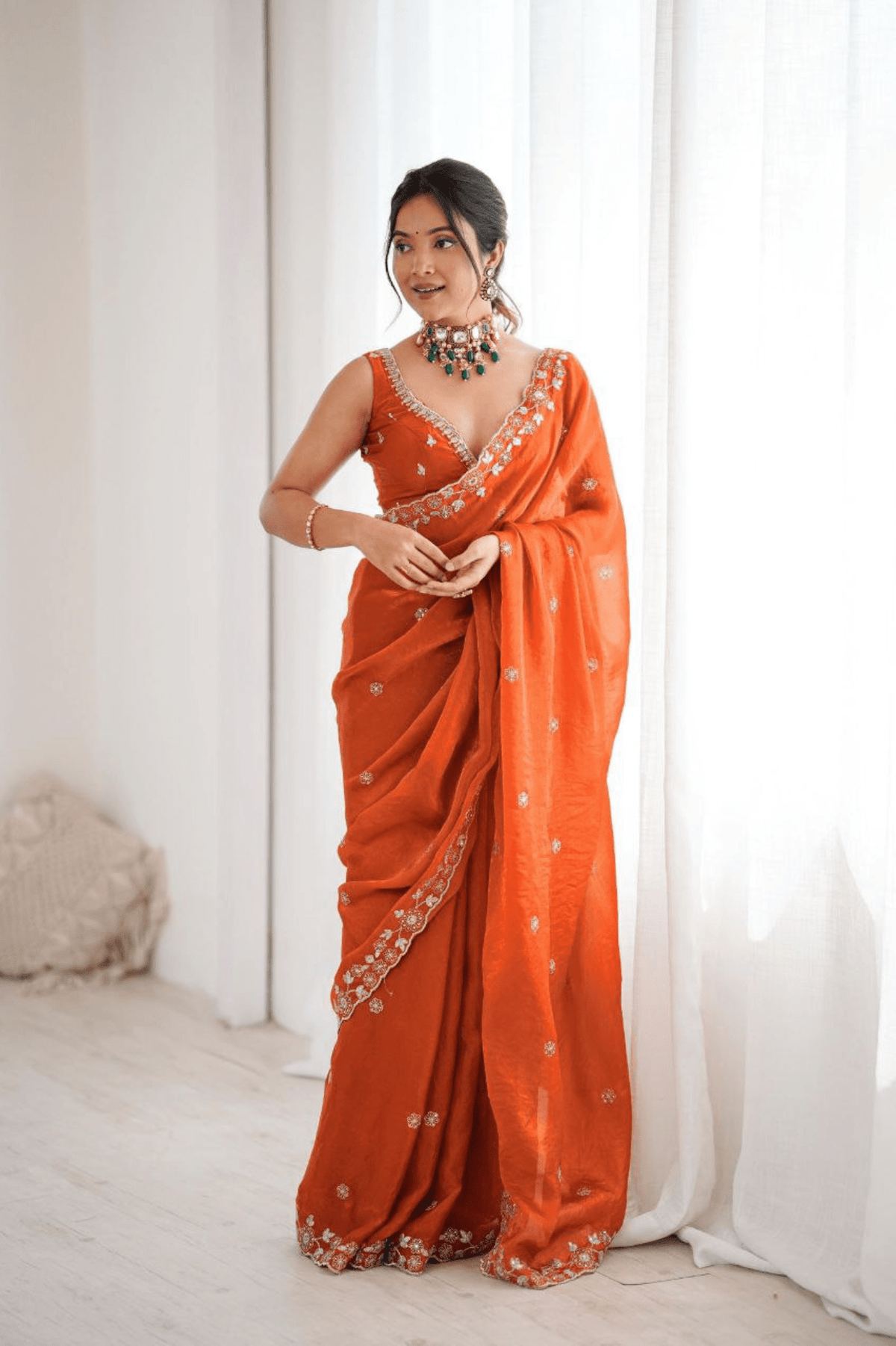Rust Orange Heavy Fendy Silk Designer Saree with Thread & Sequin Embroidery - kavyo.in