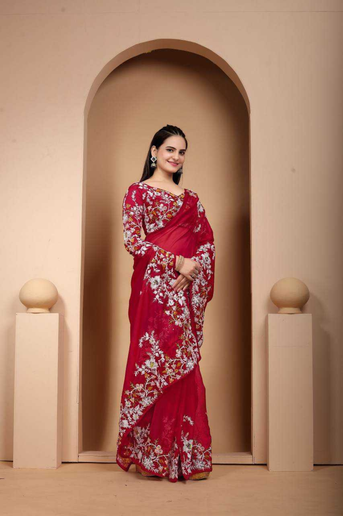 Premium Taby Organza Saree with White Codding & Multicolor Embroidery Work