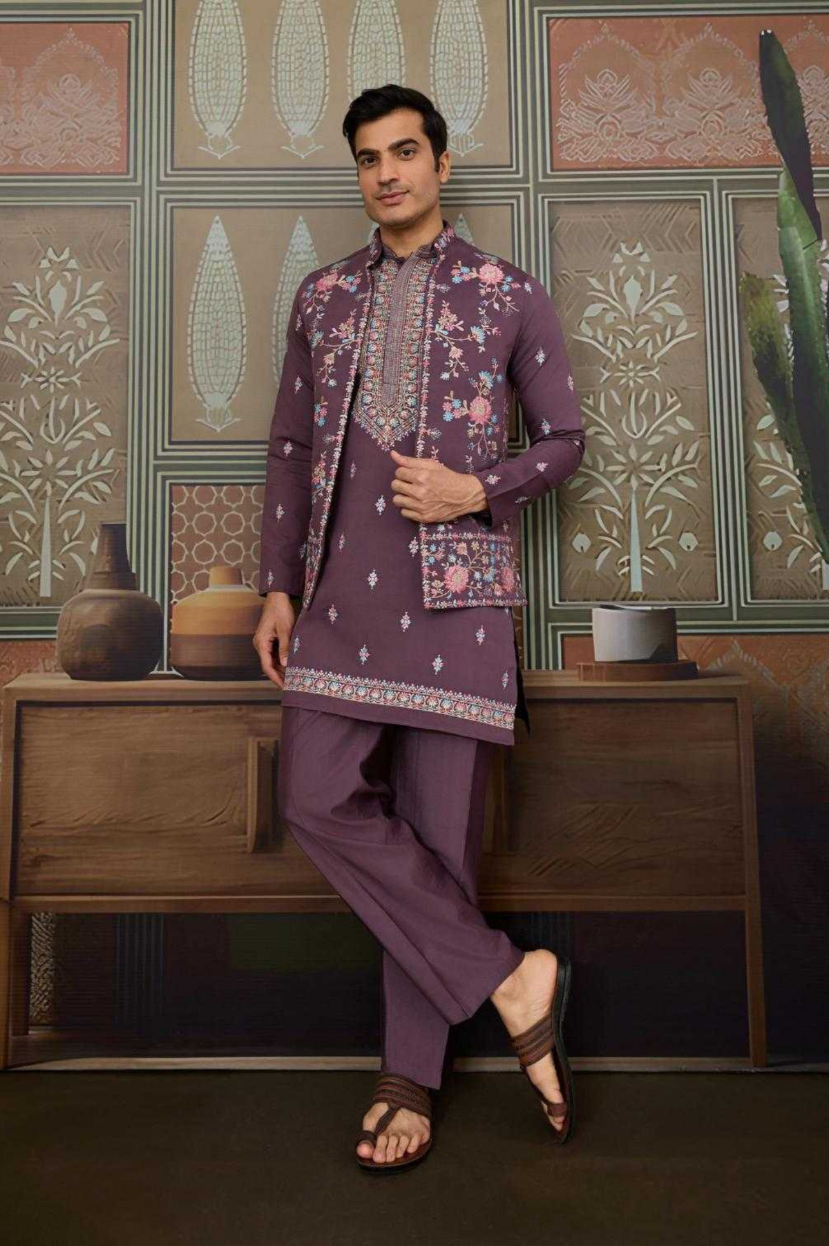 Onion Embroidered Kurta with Koti & Bottom