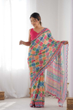 Vibrant Kutchi Print Heavy Chinnon Saree with Mirror Lace Border