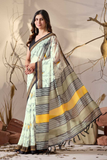 Soft Georgette Cream Saree with Bird Motifs and Mustard-Black Striped Pallu