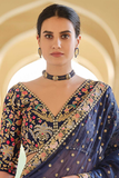 Navy Blue Organza Saree with Zari, Sequins & Thread Embroidery Work