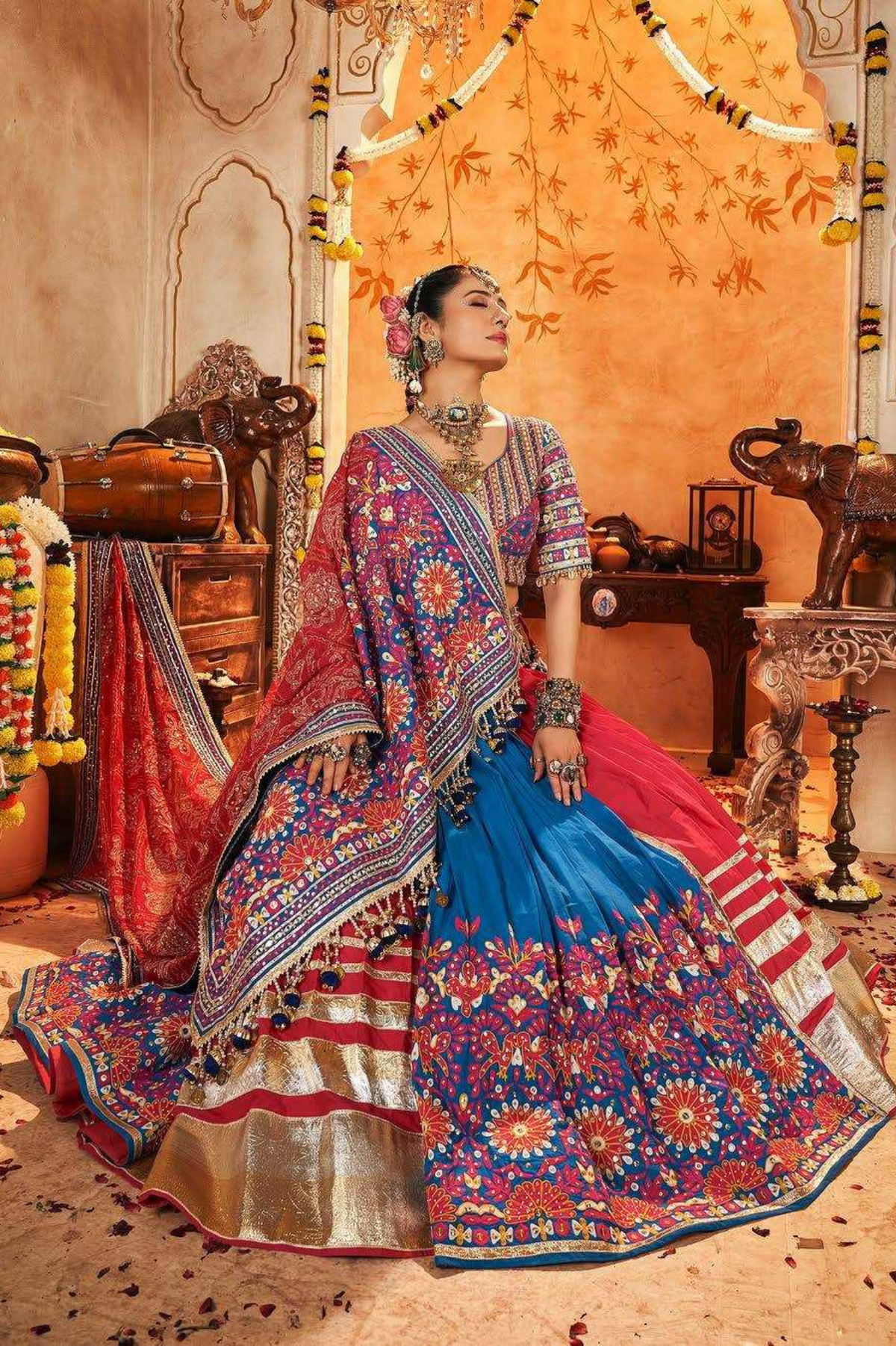 Royal Blue & Red Muslin Cotton Digital Print Lehenga with Mirror & Lace Work