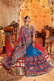 Royal Blue & Red Muslin Cotton Digital Print Lehenga with Mirror & Lace Work
