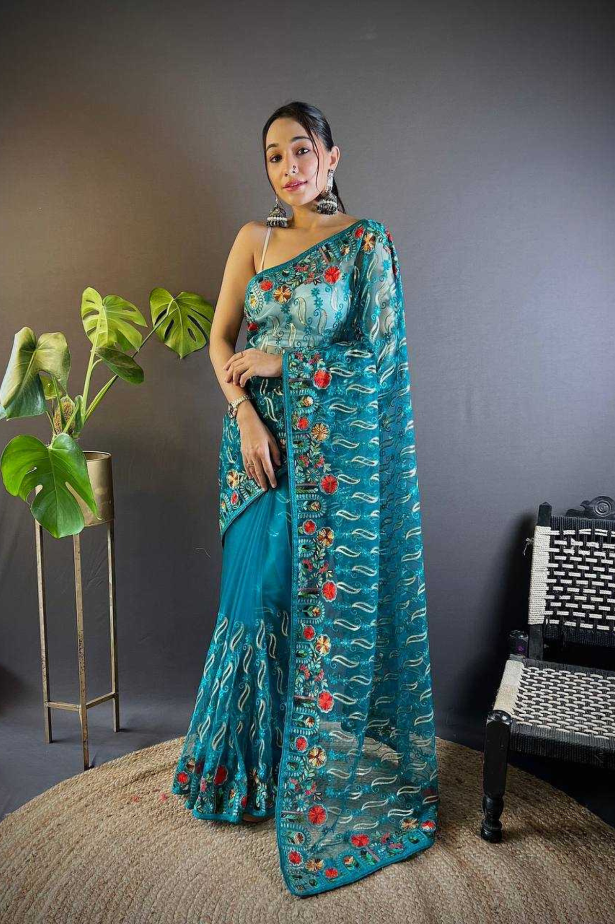 Blue Heavy Butterfly Net Saree with Multicolor Embroidery & Foil Thread Work