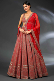 Red Malai Satin Sequins & Dori Embroidered Bridal Lehenga Set