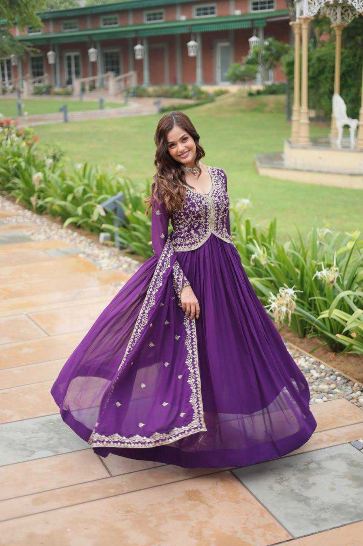 Elegant Faux Blooming Embroidered Anarkali Gown Set - Purple - kavyo.in