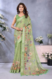 Vibrant Lime Green Linen Shimmer Floral Printed Saree