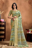 Soft Silk Blend Saree with Geometric Woven Pallu & Golden Zari Border