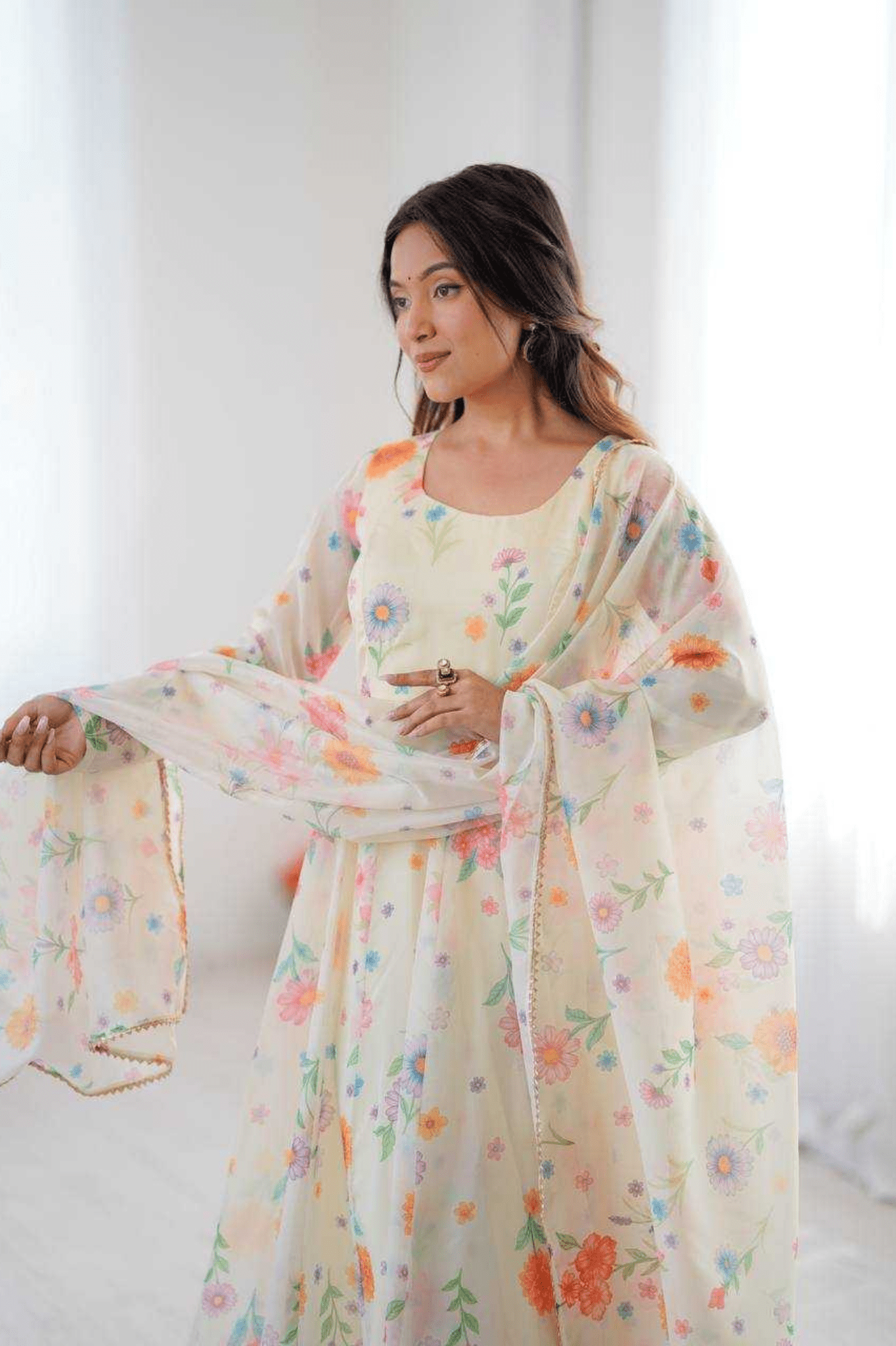 Pastel Floral Organza Anarkali Gown Set with Dupatta & Pant - kavyo.in