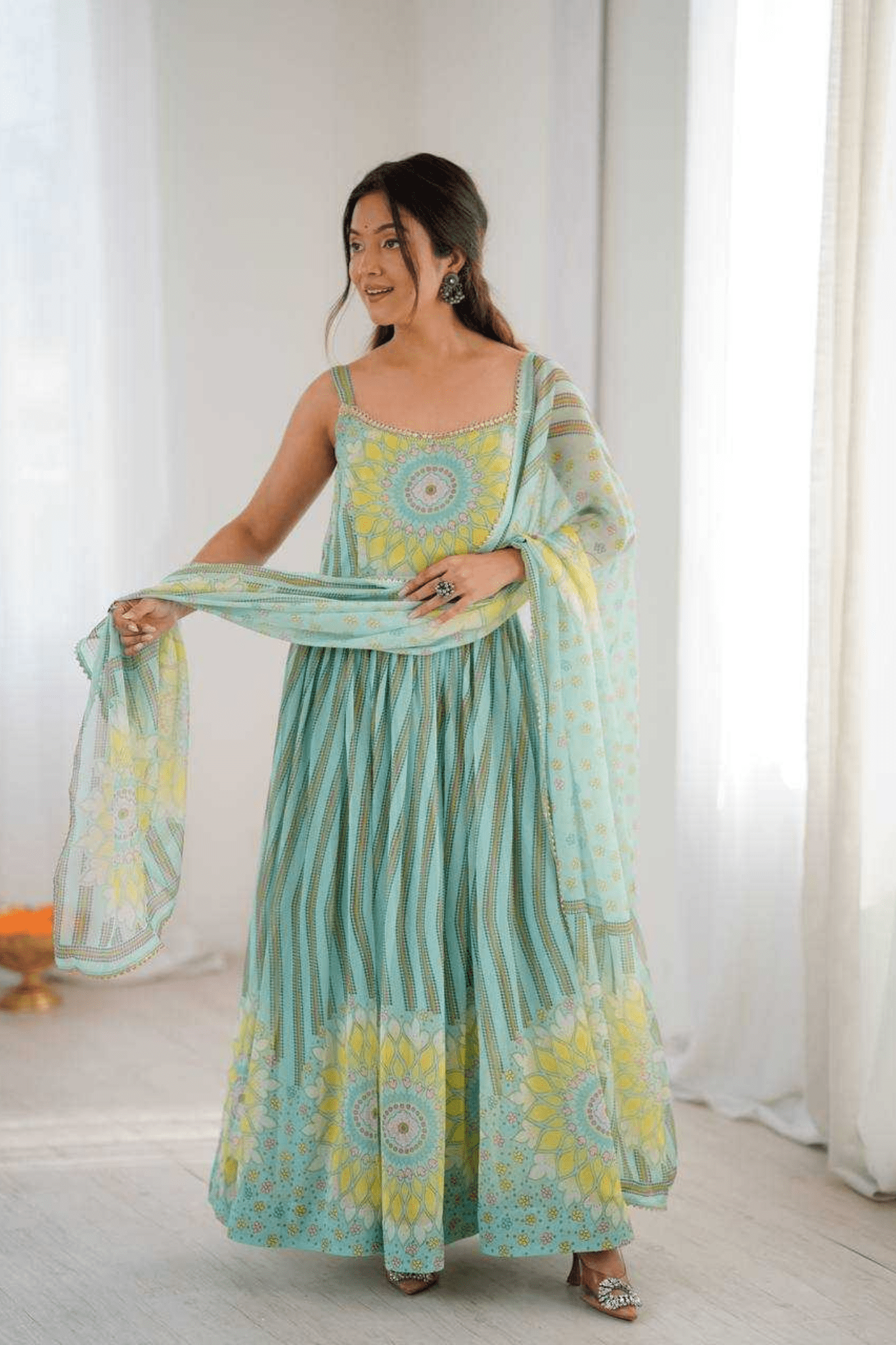 Aqua Blue Sunflower Lehriya Printed Fox Georgette Anarkali Suit Set - kavyo.in