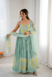Aqua Blue Sunflower Lehriya Printed Fox Georgette Anarkali Suit Set - kavyo.in