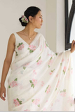 Plain Linen White Saree with Digital Floral Print & Matching Blouse
