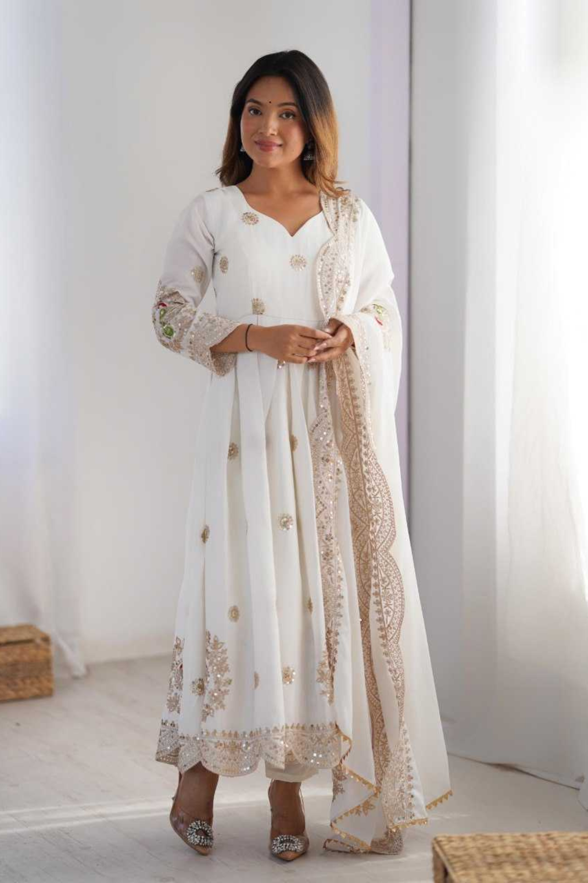 White Chinon Silk Embroidered Gown with Dupatta & Bottom Set