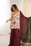 Ivory & Wine Embroidered Natural Silk Kurti Sharara Set with Faux Georgette Dupatta - kavyo.in