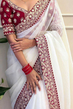 Off White Banarasi Crush Saree with Maroon Embroidered Blouse & Sequins Border