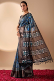 Soft Lichi Silk Saree with Geometric Tribal Digital Print & Rich Zari Border