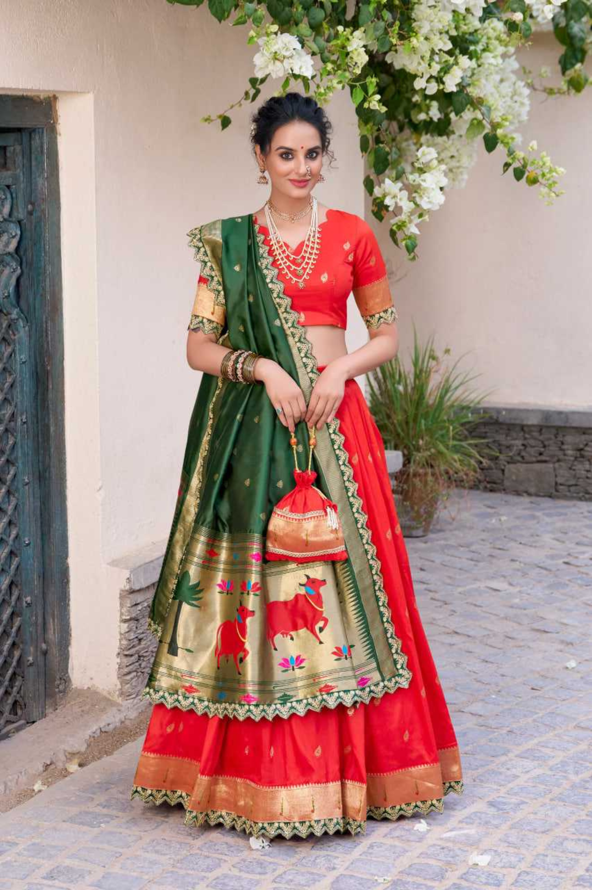 Red Batwa Maharani Paithani Red Jacquard Silk Lehenga with Bridal Dupatta & Batw ...