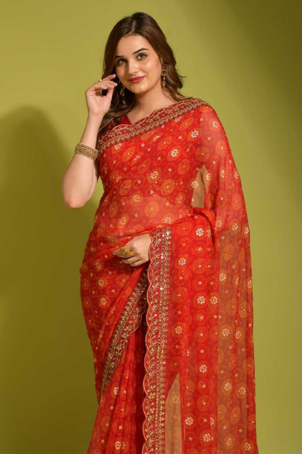 Red Georgette Chiffon Saree with Floral Foil Print and Embroidered Lace Border