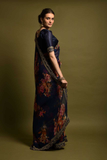 Blue Floral Georgette Saree with Golden Embroidered Lace Border
