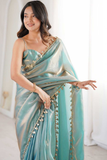 Teal Tissue Fandi Silk Dropline Sequin Border Saree