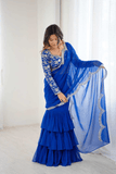 Azure Bloom Faux Georgette Ruffle Saree with Embroidered Blouse - kavyo.in